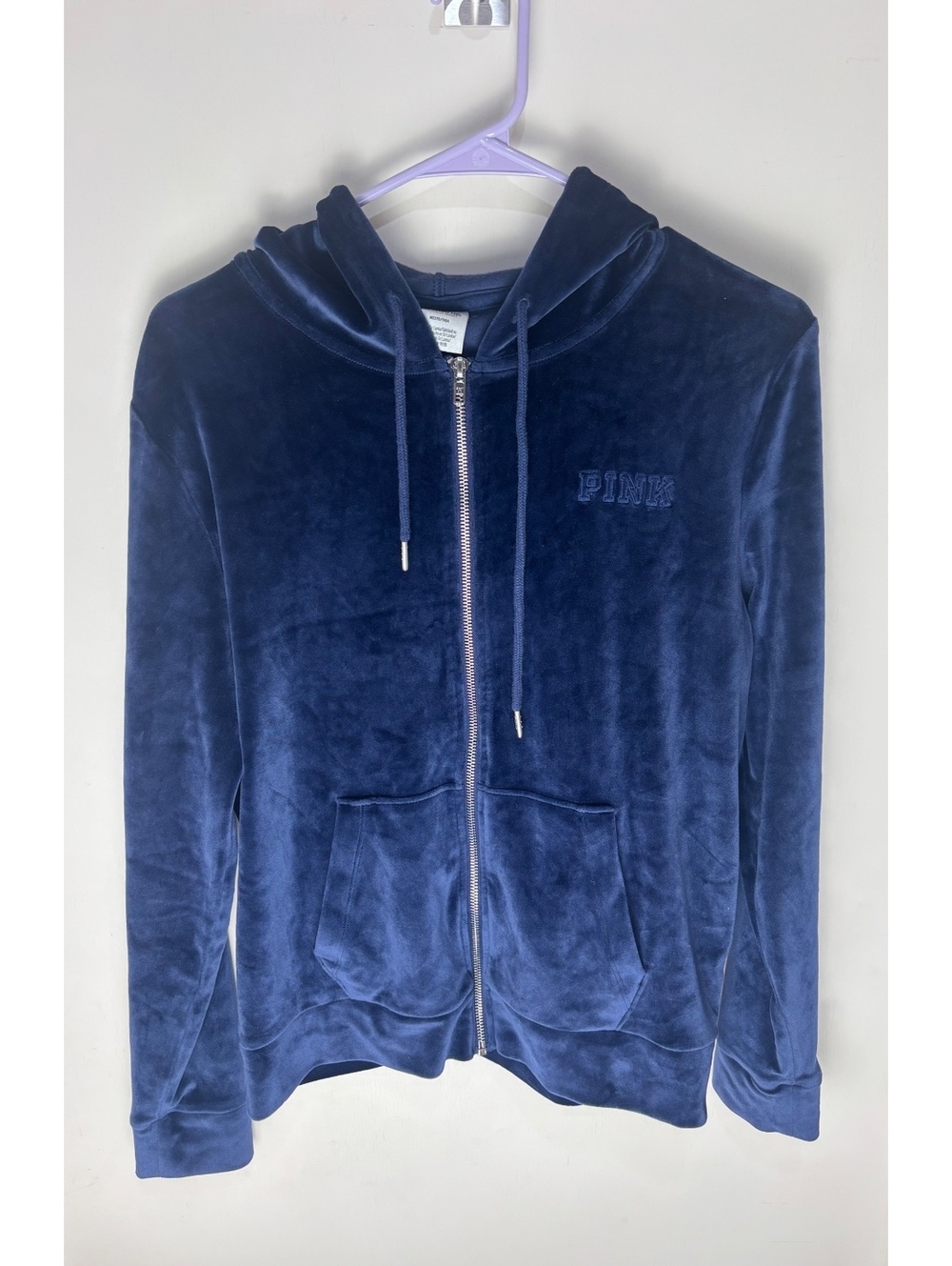 Victoria’s Secret PINK Velour Hoodie M Navy Blue Full Zip Embroidered Spellout
